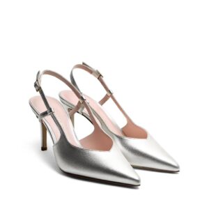 Chanel in pelle laminata Argento Vivo fodera cipria con tacco stiletto 70 mm