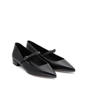 Ballerina con cinturino in pelle nera punta affusolata con tacco 2cm
